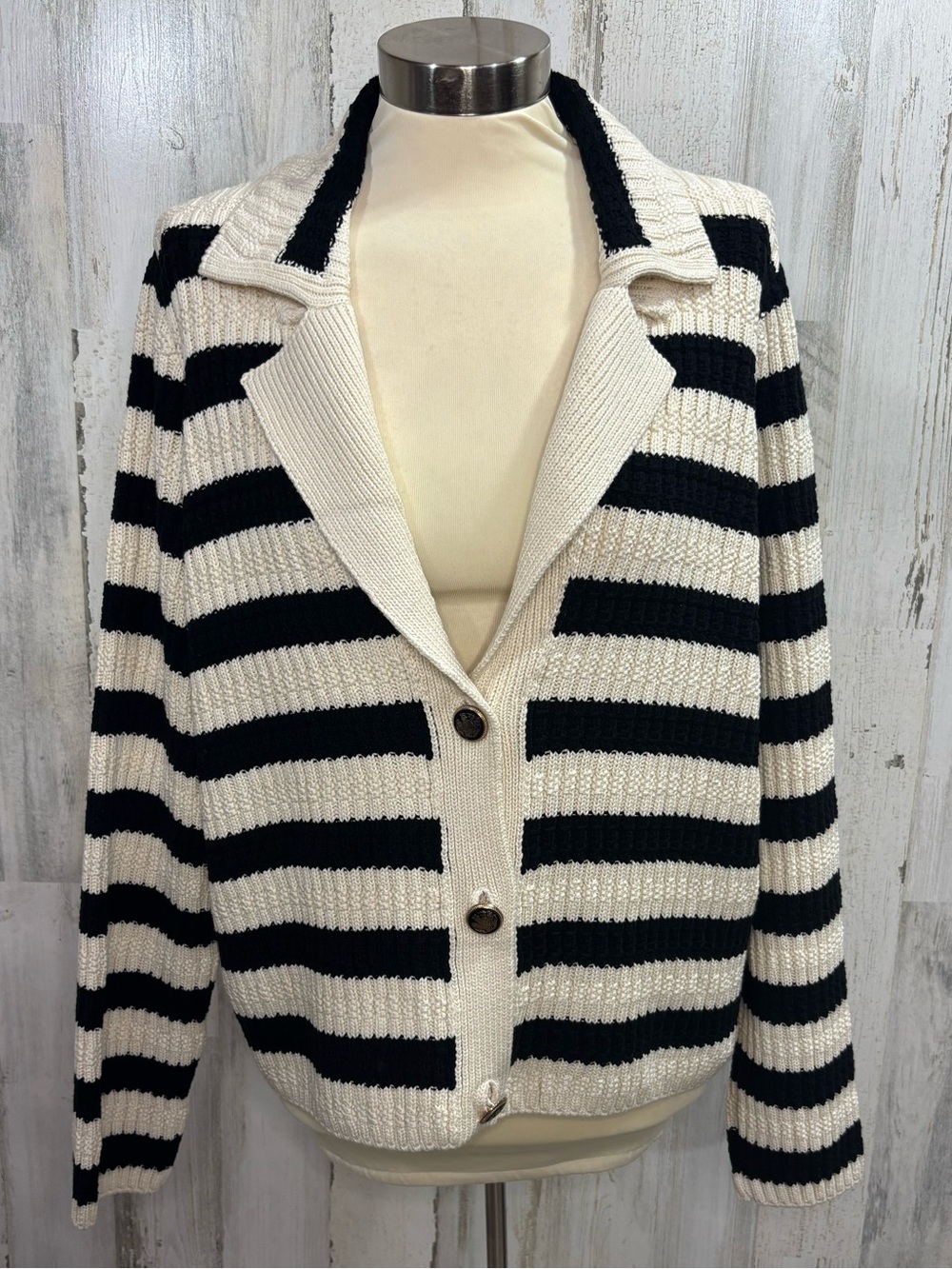 Maeve by Anthropologie Greta Black & Cream Striped Ribbed Button Polo Cardigan - Picture 5 of 14